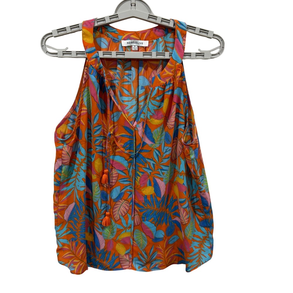 Rose + Olive Womens Orange Tropical Palm Leaf Tassel Tie Sleeveless Blouse M